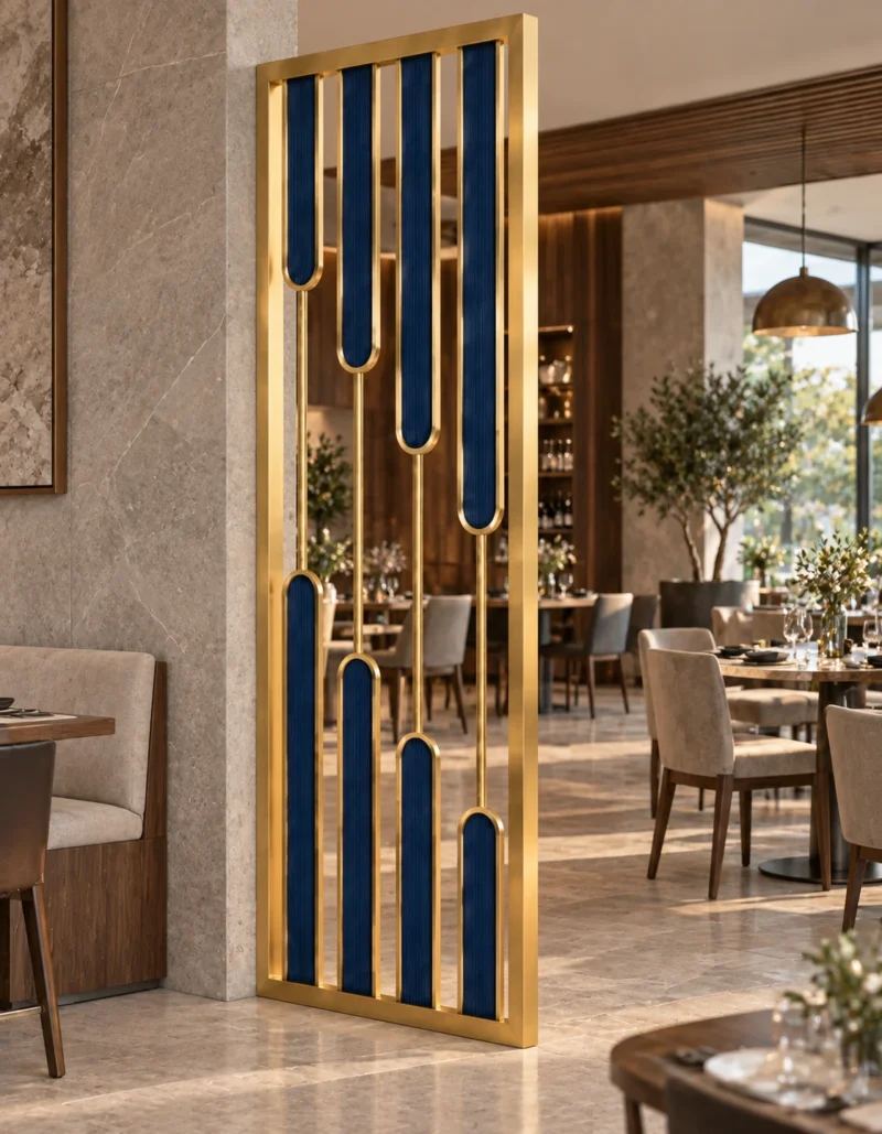 Aurelia blue and gold PVD partition with staggered blue inserts
