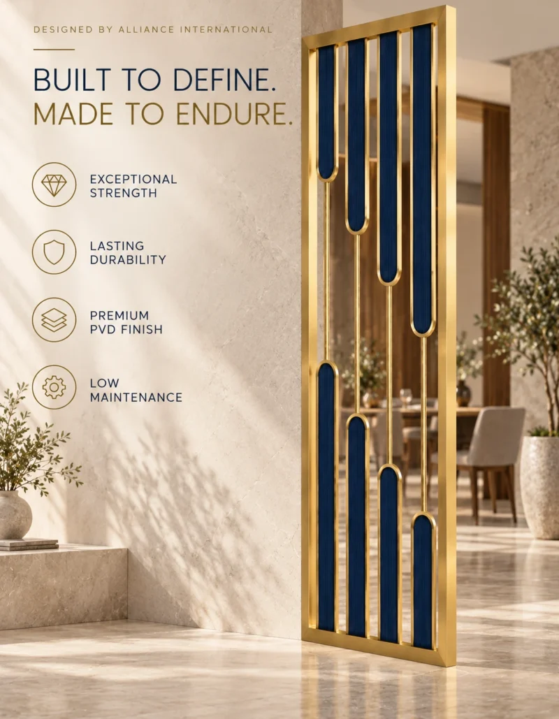 Aurelia blue and gold PVD partition with staggered blue inserts