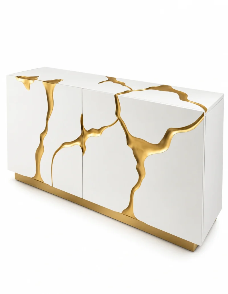 Aurelia Flow gold inlay console table with white cabinet storage and abstract gold detailing