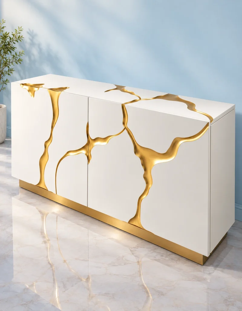 Aurelia Flow gold inlay console table with white cabinet storage and abstract gold detailing