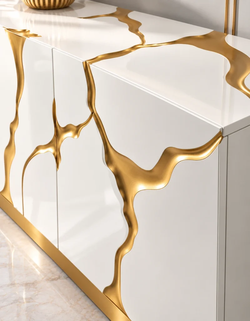 Aurelia Flow gold inlay console table with white cabinet storage and abstract gold detailing