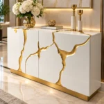 Aurelia Flow gold inlay console table with white cabinet storage and abstract gold detailing