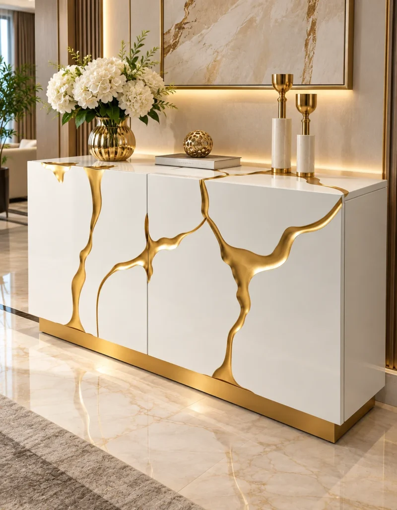 Aurelia Flow gold inlay console table with white cabinet storage and abstract gold detailing
