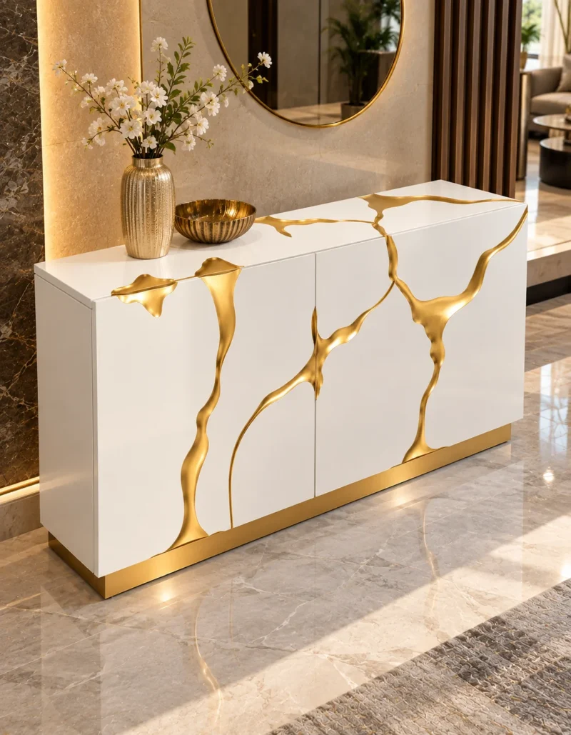 Aurelia Flow gold inlay console table with white cabinet storage and abstract gold detailing