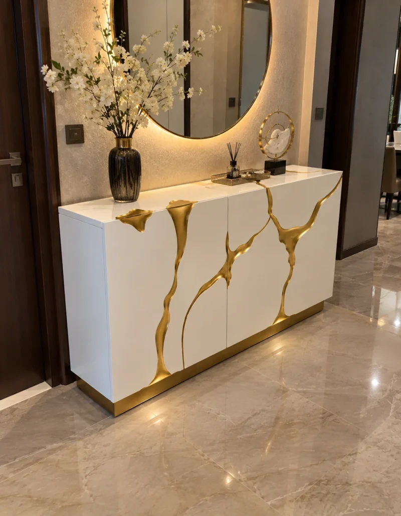 Aurelia Flow gold inlay console table with white cabinet storage and abstract gold detailing