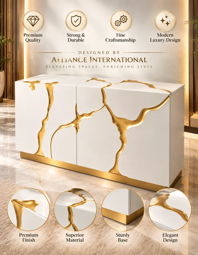 Aurelia Flow gold inlay console table with white cabinet storage and abstract gold detailing