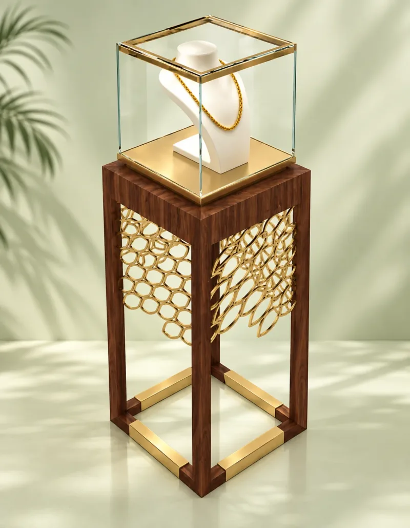 Aurelia Luxe necklace display showcase with wood pedestal