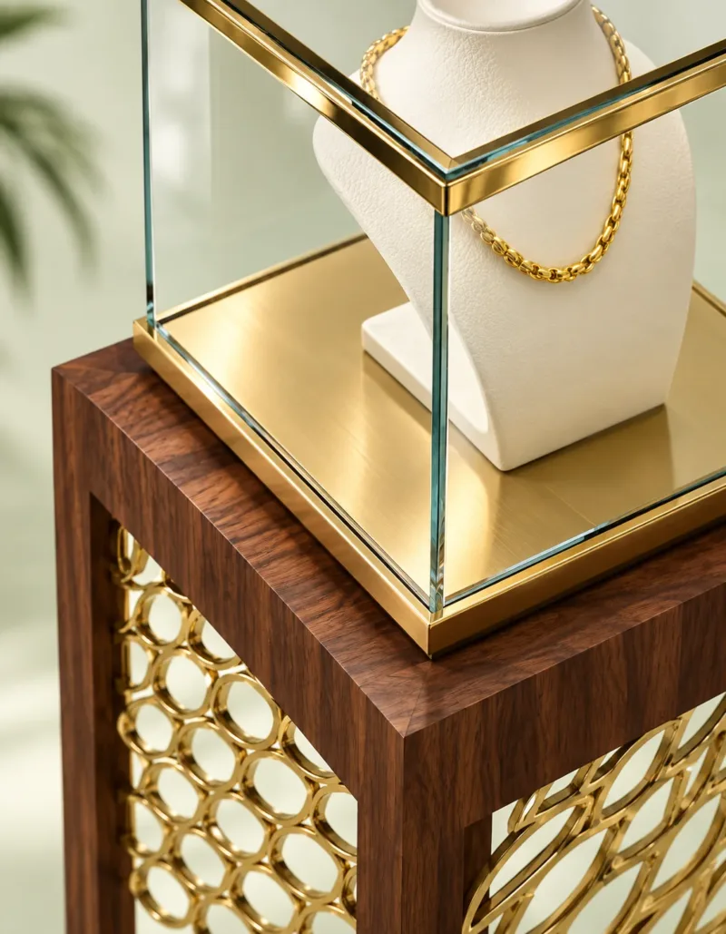 Aurelia Luxe necklace display showcase with wood pedestal