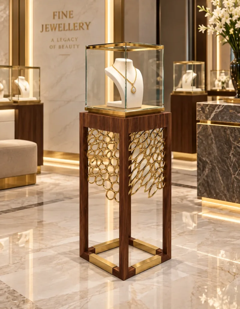 Aurelia Luxe necklace display showcase with wood pedestal