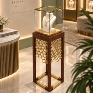 Aurelia Luxe necklace display showcase with wood pedestal