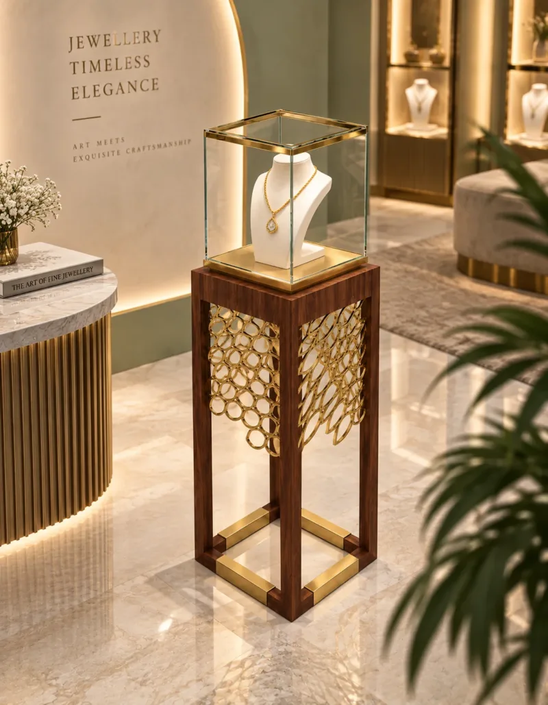 Aurelia Luxe necklace display showcase with wood pedestal