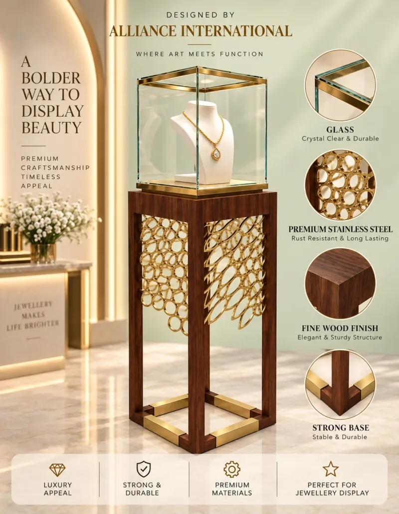 Aurelia Luxe necklace display showcase with wood pedestal