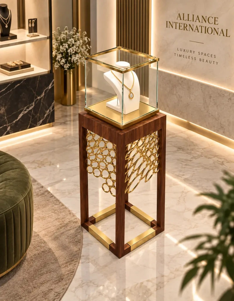 Aurelia Luxe necklace display showcase with wood pedestal