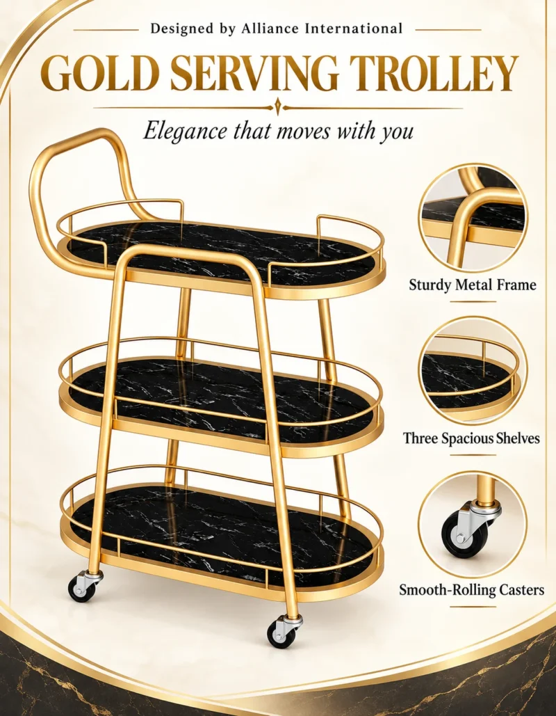 Aurelia Quad 4 tier luxury serving trolley with gold frame
