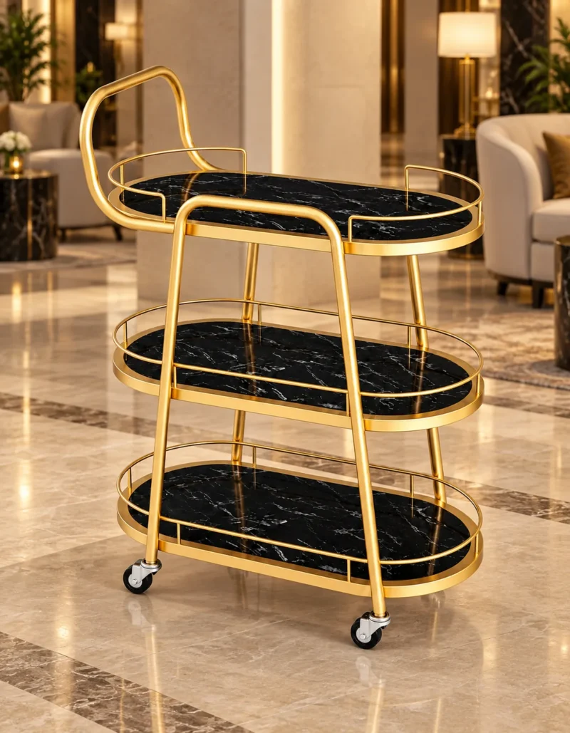 Aurelia Quad 4 tier luxury serving trolley with gold frame