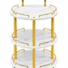Aurelia Round marble serving trolley with white surfaces and gold frame