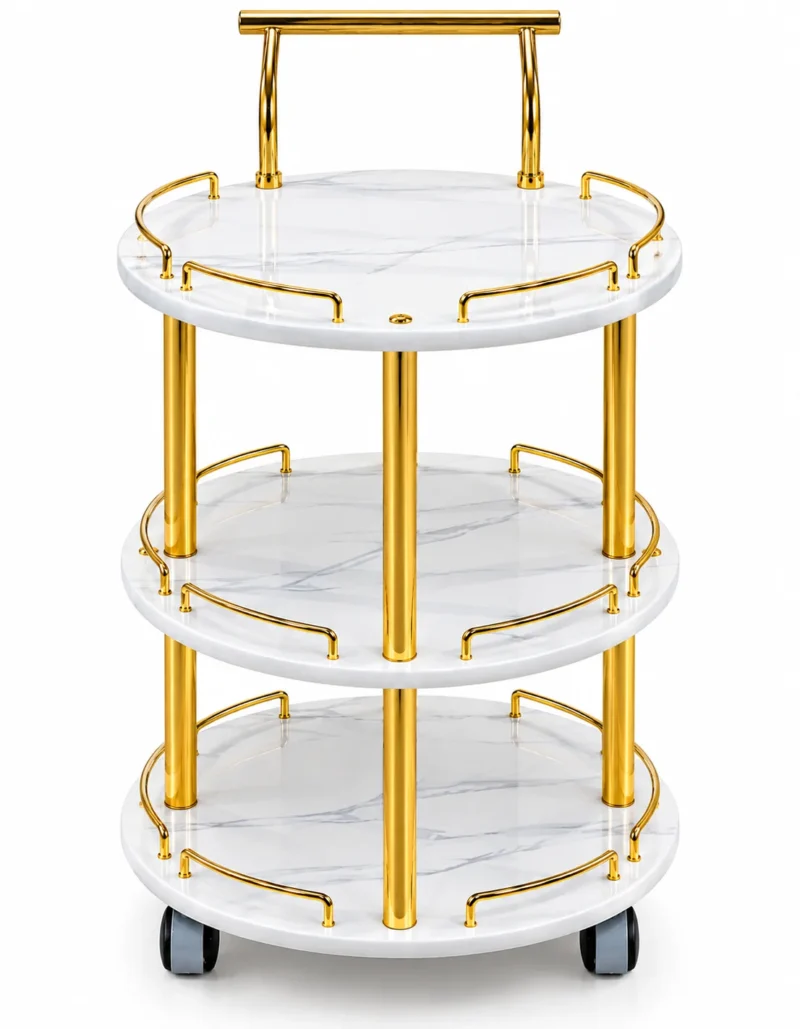 Aurelia Round marble serving trolley with white surfaces and gold frame