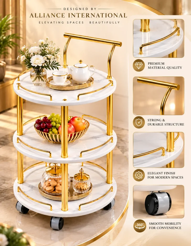 Aurelia Round marble serving trolley with white surfaces and gold frame