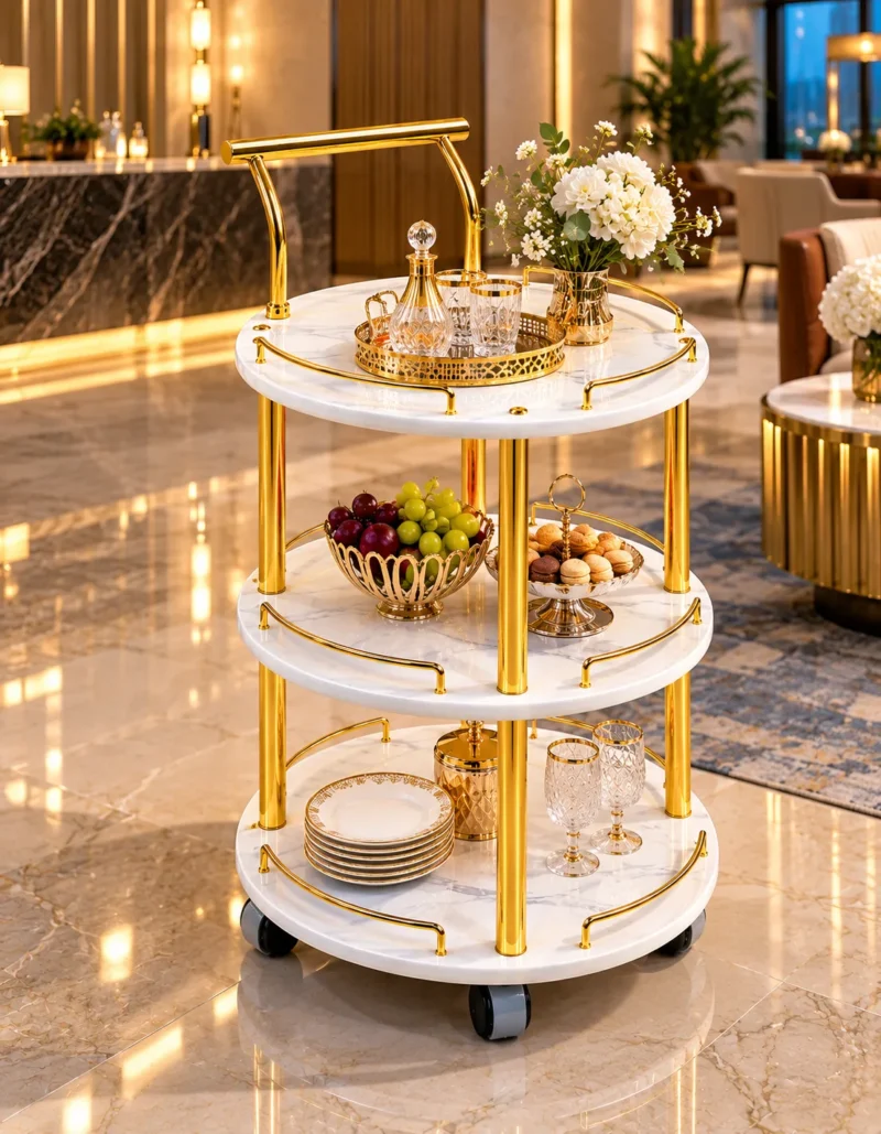 Aurelia Round marble serving trolley with white surfaces and gold frame
