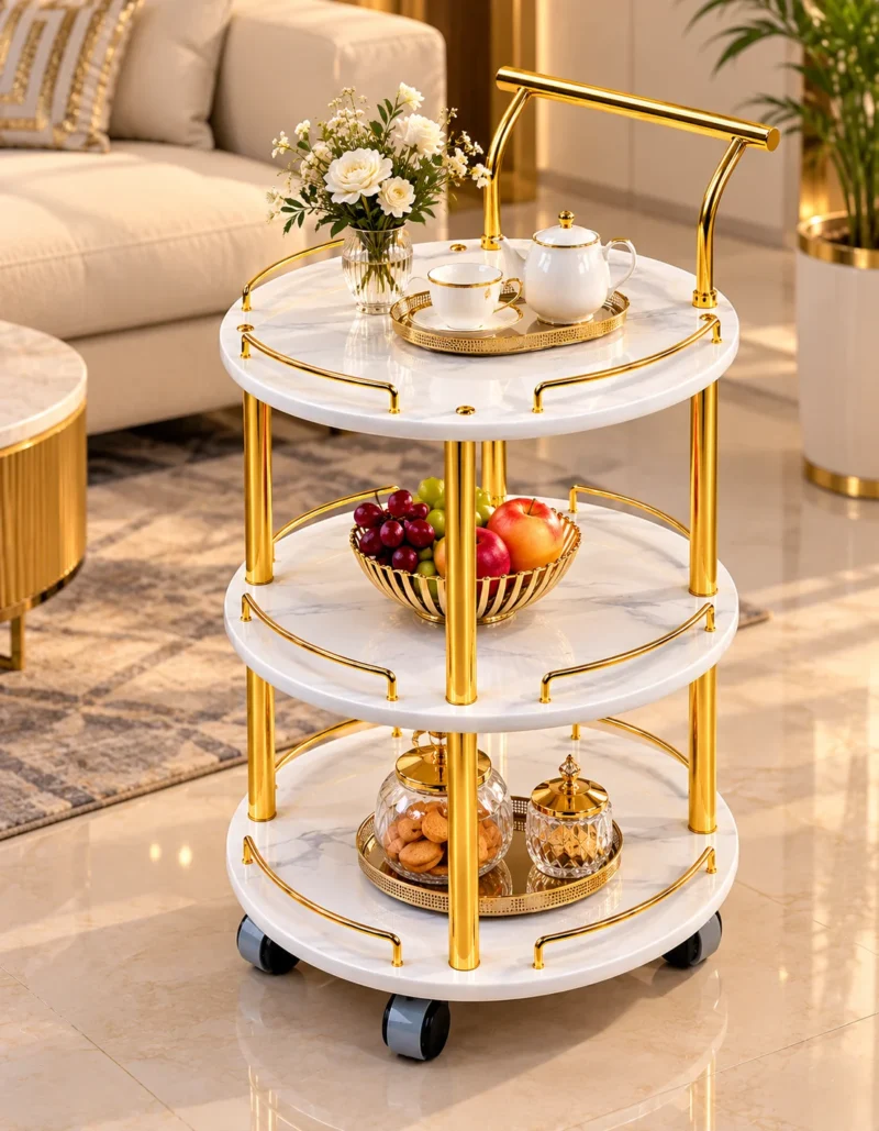 Aurelia Round marble serving trolley with white surfaces and gold frame