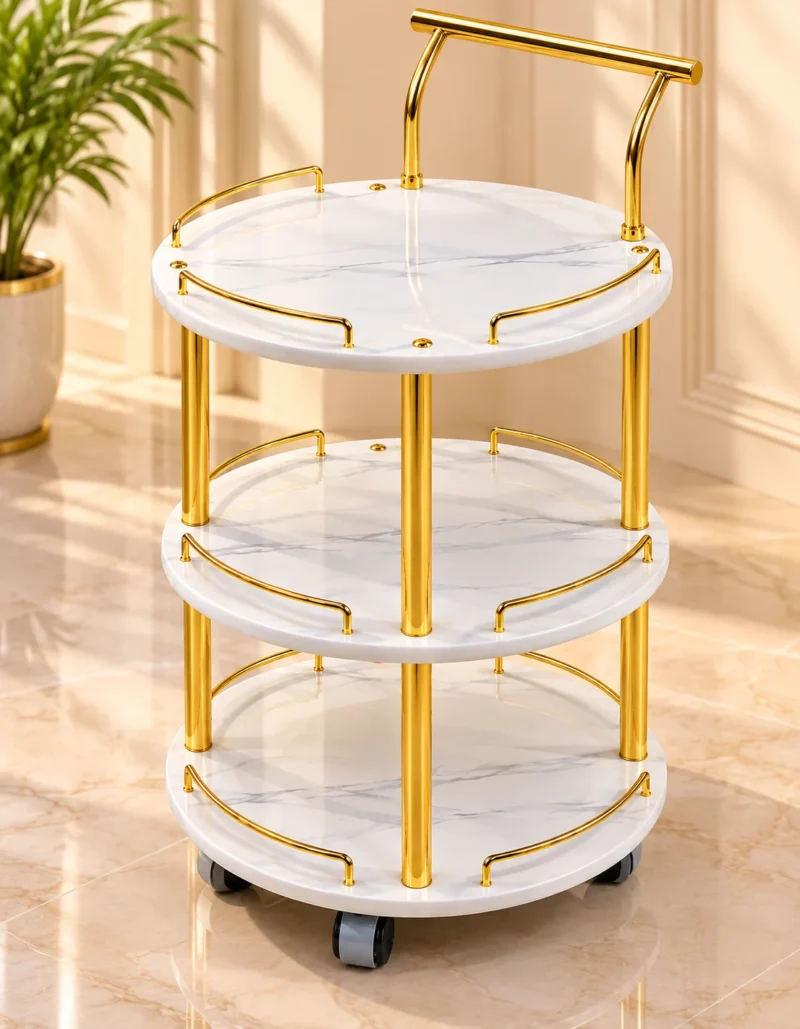 Aurelia Round marble serving trolley with white surfaces and gold frame