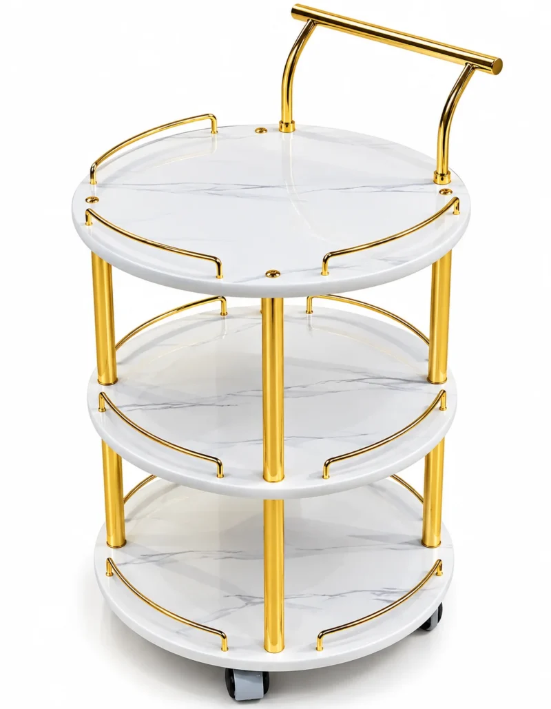 Aurelia Round marble serving trolley with white surfaces and gold frame