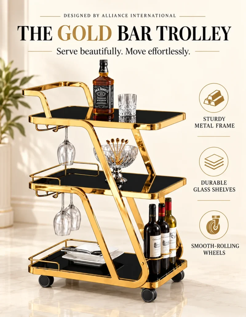 Aurelio Luxe 3 tier bar trolley with glass holders