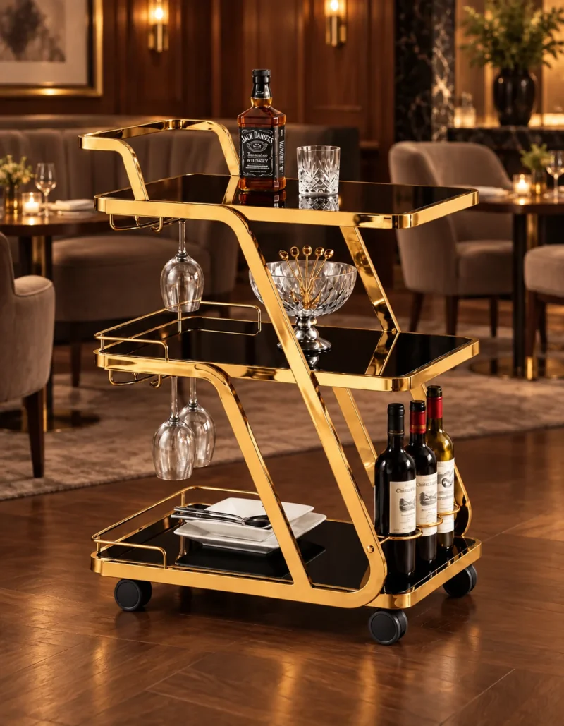 Aurelio Luxe 3 tier bar trolley with glass holders