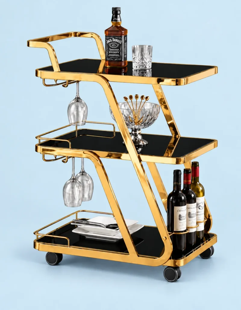 Aurelio Luxe 3 tier bar trolley with glass holders