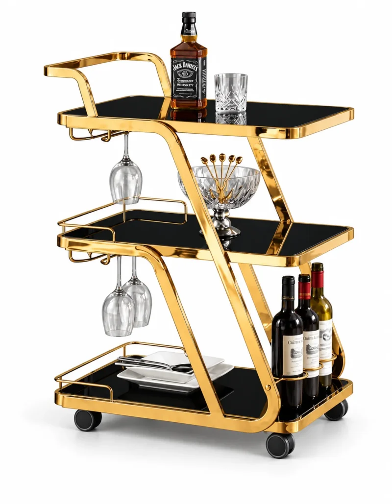 Aurelio Luxe 3 tier bar trolley with glass holders