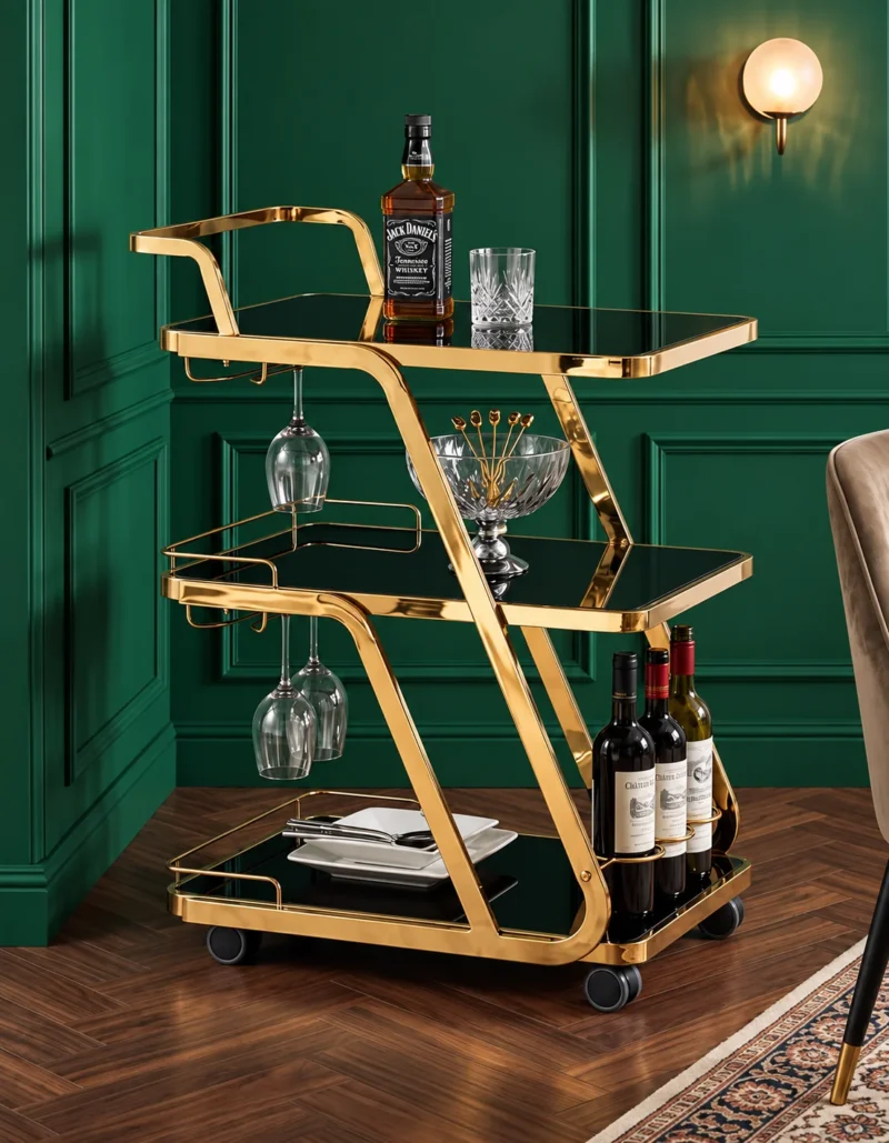 Aurelio Luxe 3 tier bar trolley with glass holders