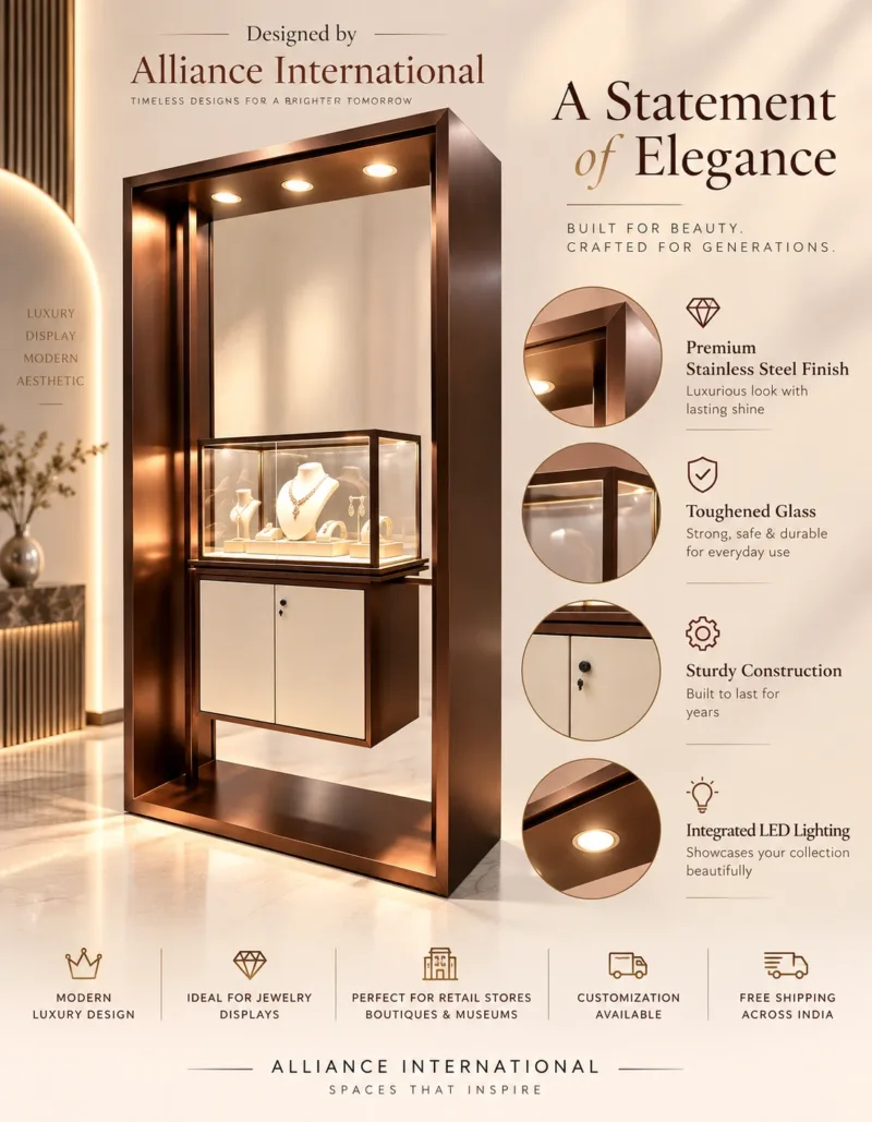 Aureon Luxe LED jewelry display showcase with storage cabinet