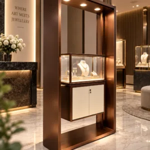 Aureon Luxe LED jewelry display showcase with storage cabinet