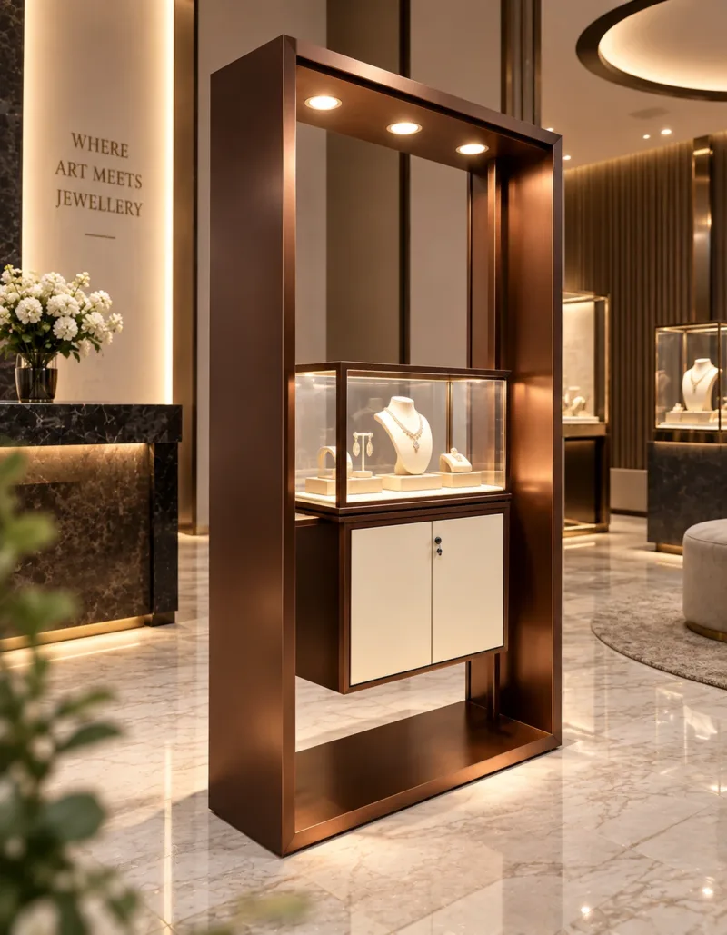 Aureon Luxe LED jewelry display showcase with storage cabinet