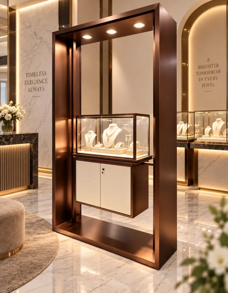 Aureon Luxe LED jewelry display showcase with storage cabinet
