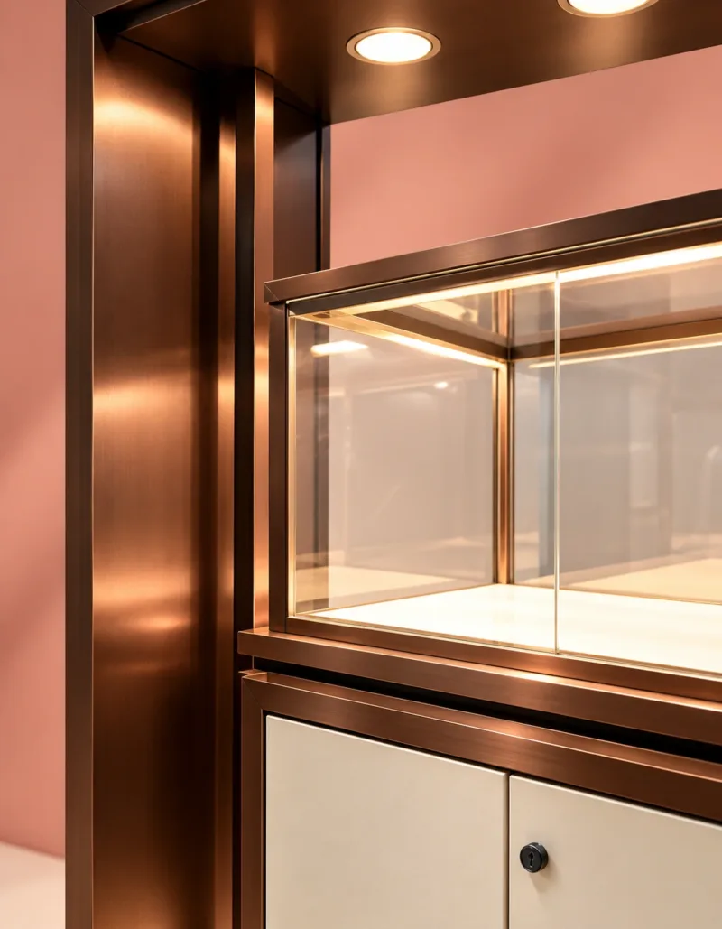 Aureon Luxe LED jewelry display showcase with storage cabinet
