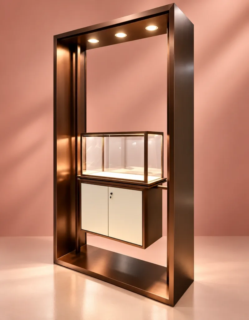 Aureon Luxe LED jewelry display showcase with storage cabinet
