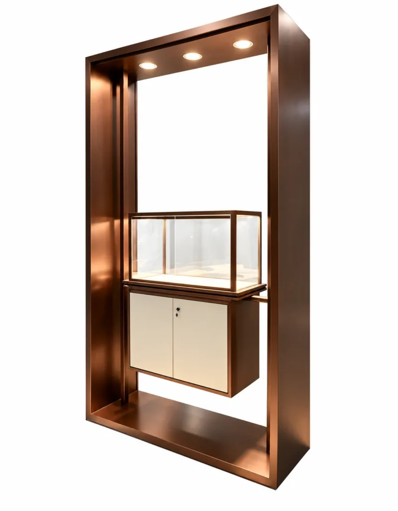 Aureon Luxe LED jewelry display showcase with storage cabinet