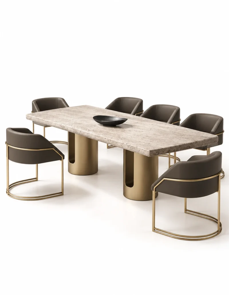Aureon Luxe marble dining table with gold pedestal base and upholstered chairs