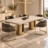 Aureon Luxe marble dining table with gold pedestal base and upholstered chairs