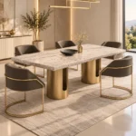 Aureon Luxe marble dining table with gold pedestal base and upholstered chairs