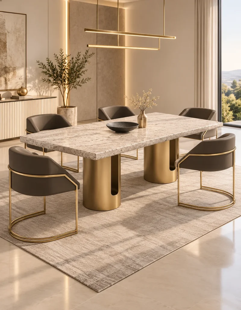 Aureon Luxe marble dining table with gold pedestal base and upholstered chairs
