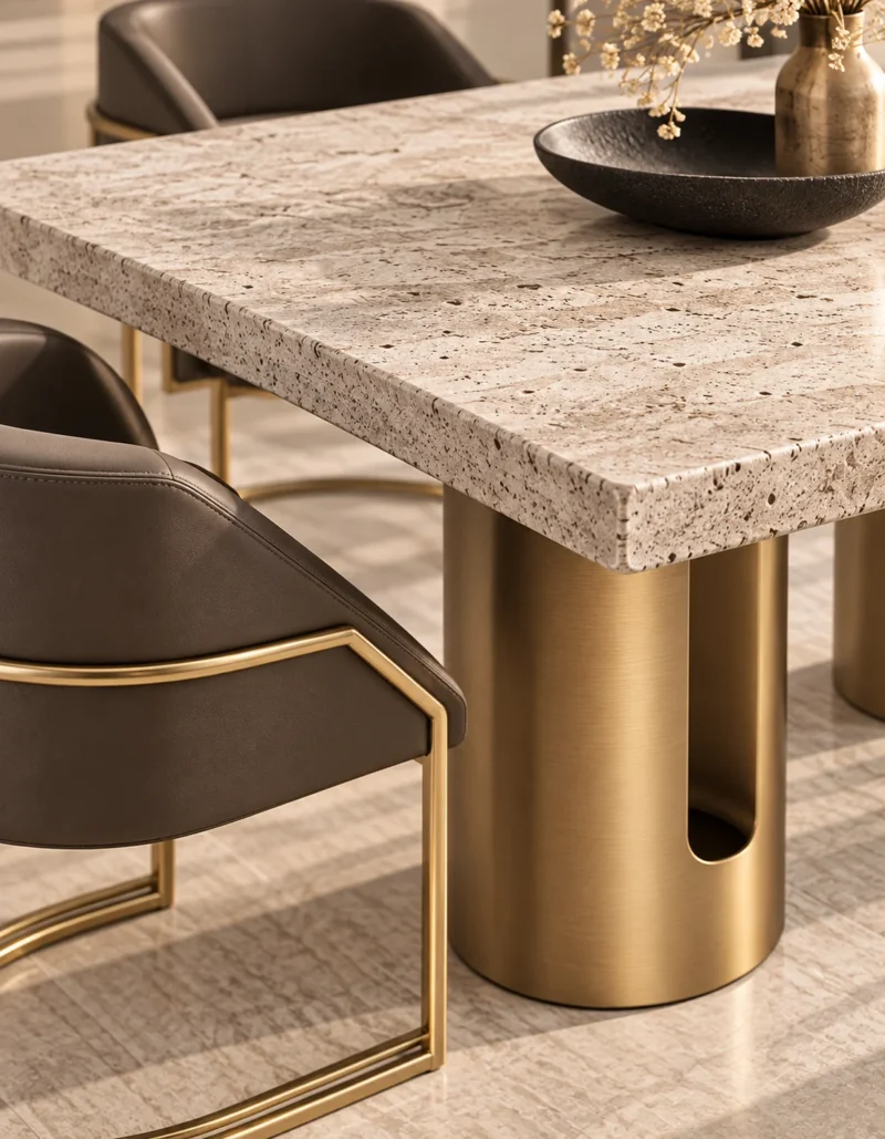 Aureon Luxe marble dining table with gold pedestal base and upholstered chairs