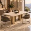 Aureon Luxe marble dining table with gold pedestal base and upholstered chairs