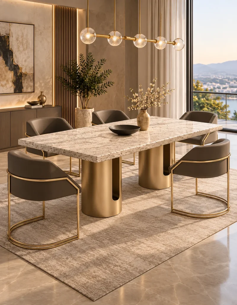Aureon Luxe marble dining table with gold pedestal base and upholstered chairs