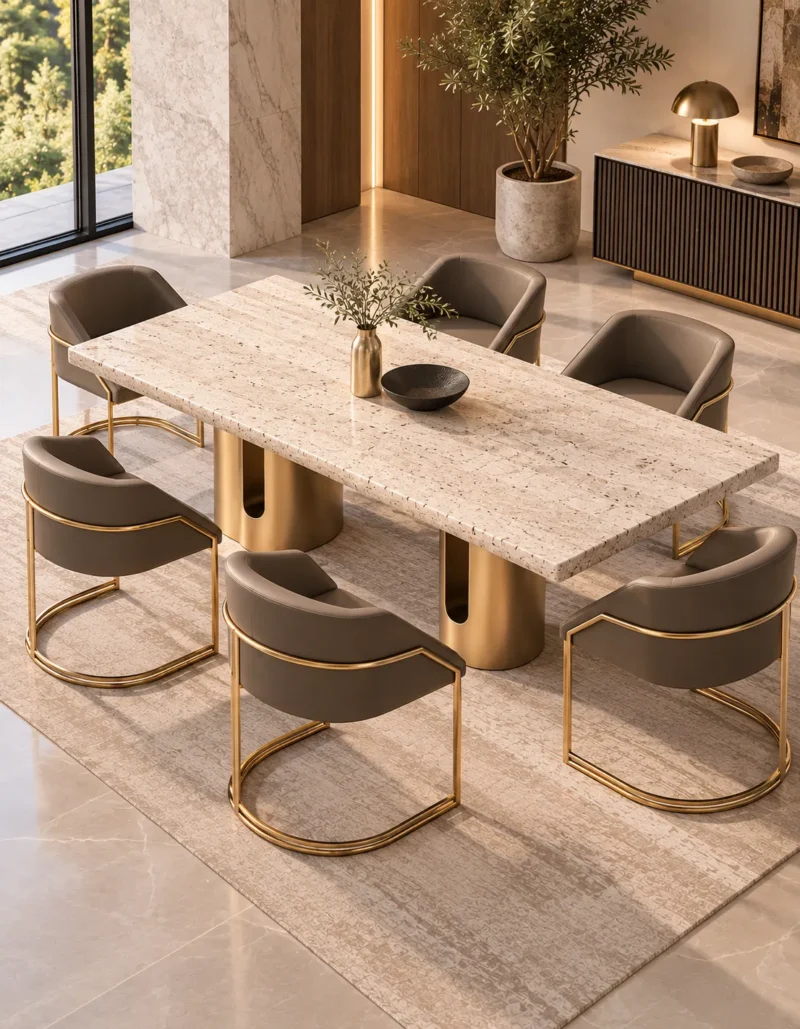 Aureon Luxe marble dining table with gold pedestal base and upholstered chairs