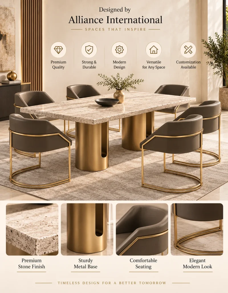 Aureon Luxe marble dining table with gold pedestal base and upholstered chairs