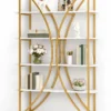 Aurevia curved frame cosmetic display rack with gold frame and white shelves