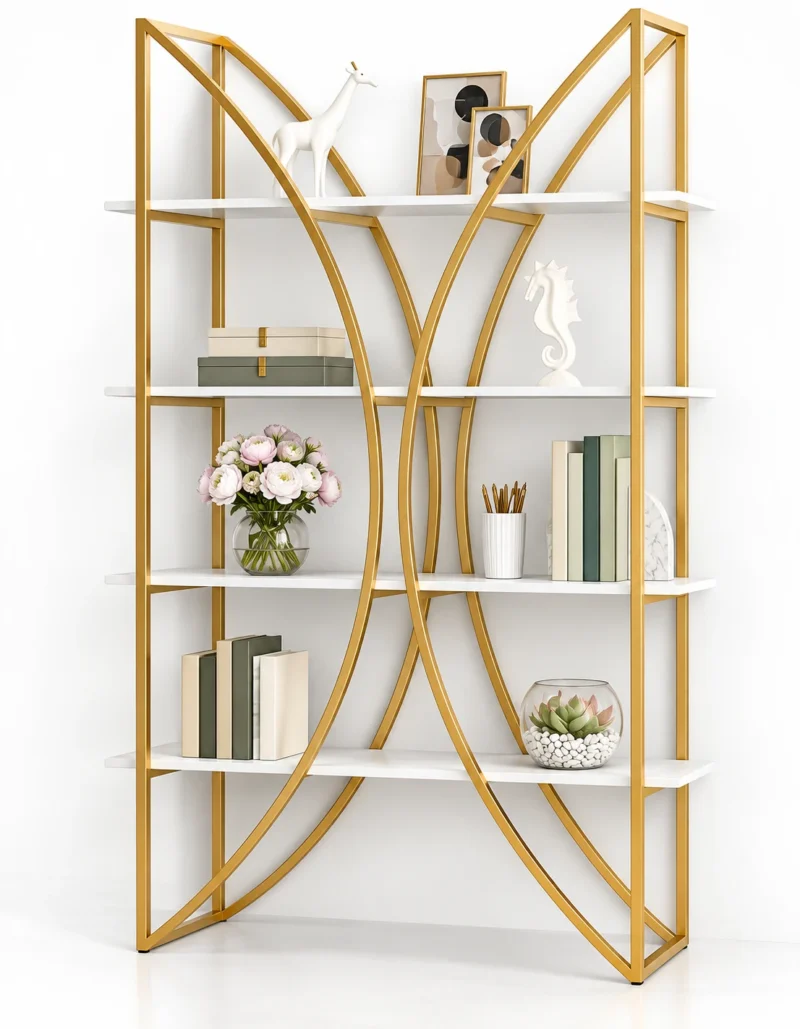 Aurevia curved frame cosmetic display rack with gold frame and white shelves
