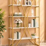 Aurevia curved frame cosmetic display rack with gold frame and white shelves